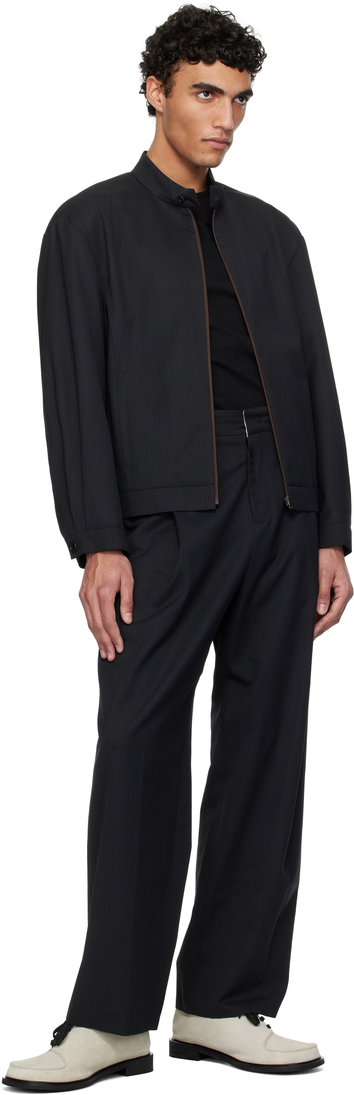 AMOMENTO Black Wool Stripe Zip-Up Jacket AMOMENTO