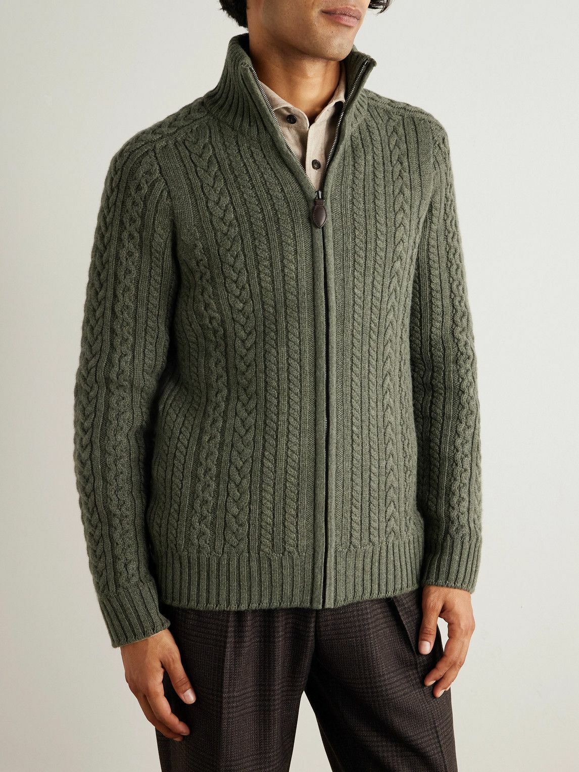 Purdey - Burlington Cable-Knit Wool and Cashmere Zip-Up Cardigan - Green