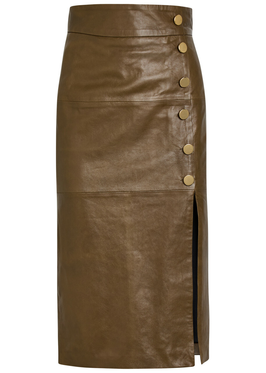 Skiim Lucy Leather Midi Skirt Khaki