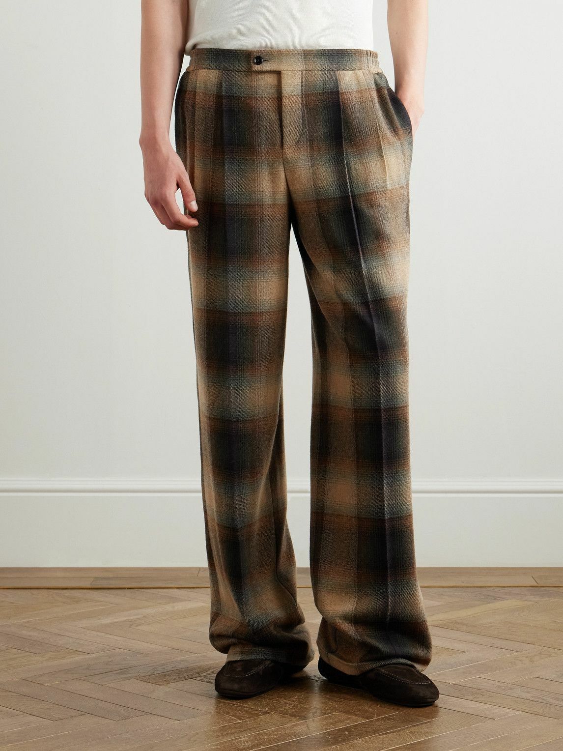 CELINE - Wide-Leg Pleated Checked Wool-Flannel Trousers - Brown
