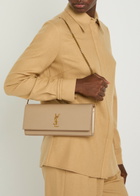 Saint Laurent Kate Logo Pebbled Leather Clutch - Beige - One Size