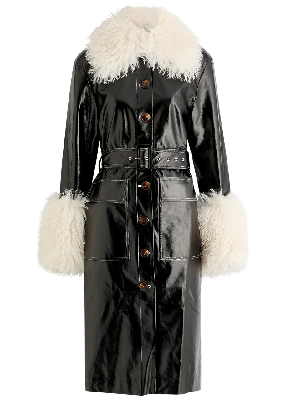 Kitri Simone Faux Shearling-trimmed Vinyl Coat Black