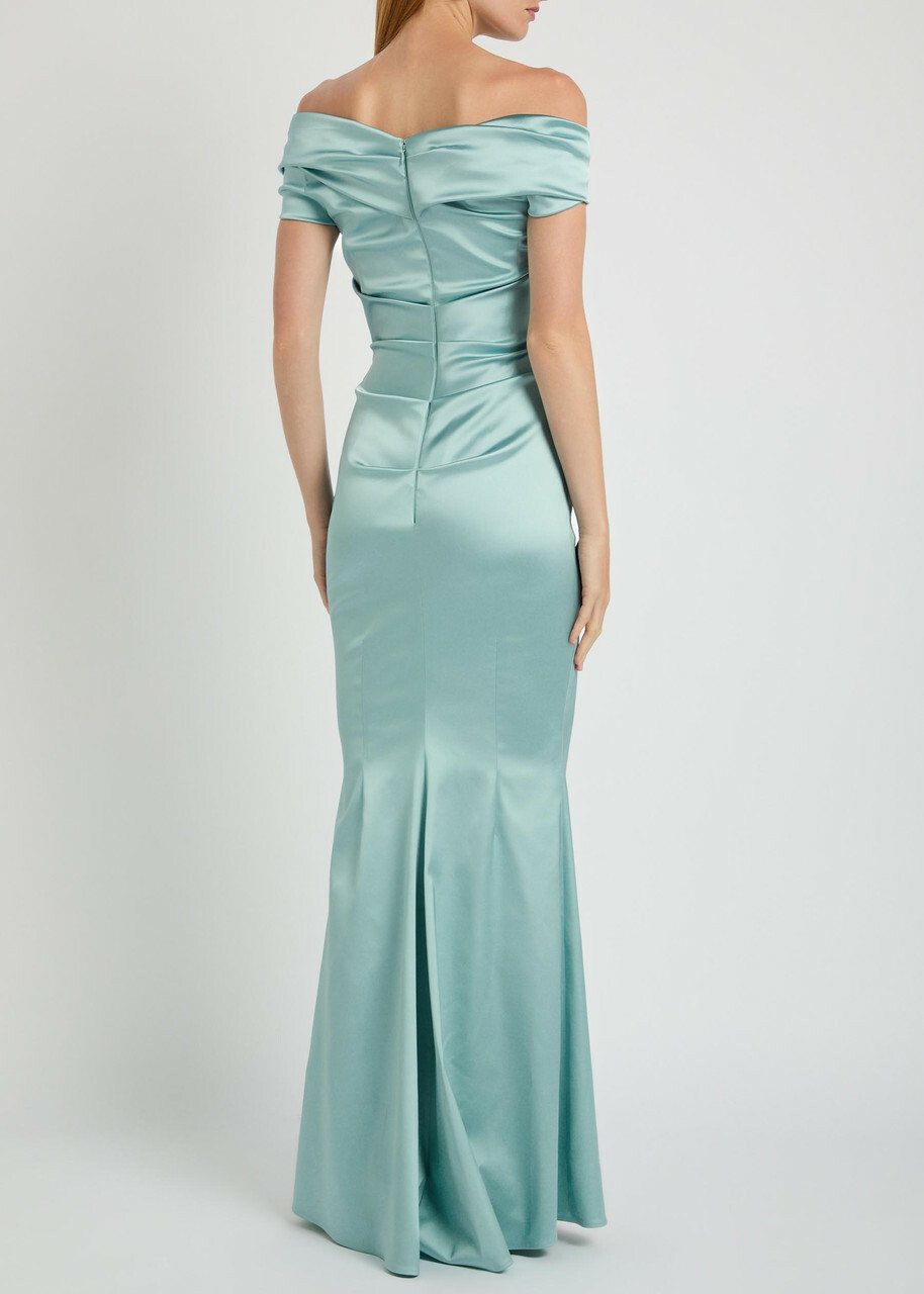 Talbot Runhof Asymmetric Off-the-shoulder Satin Gown Light Blue