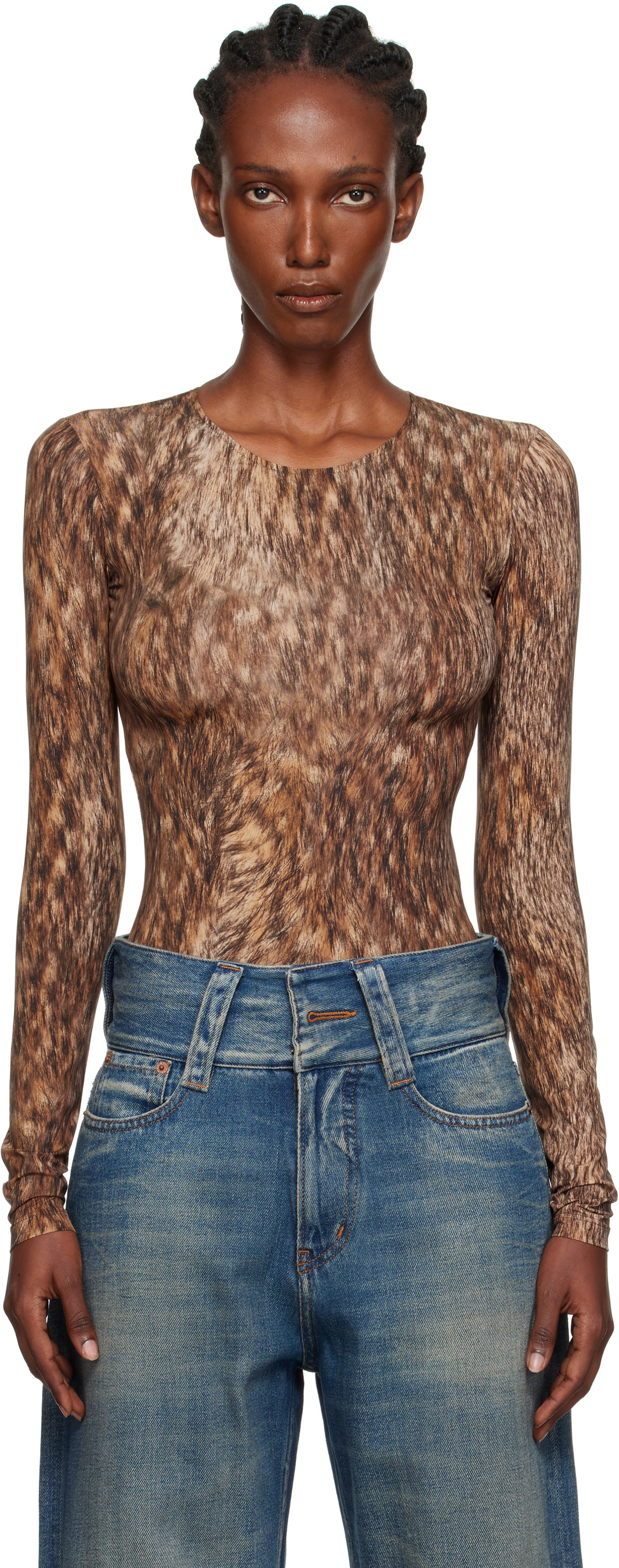 MM6 Maison Margiela Brown Printed Jersey Bodysuit