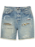 AMIRI - PJ Art Patch Distressed Velour-Trimmed Washed-Denim Shorts - Blue