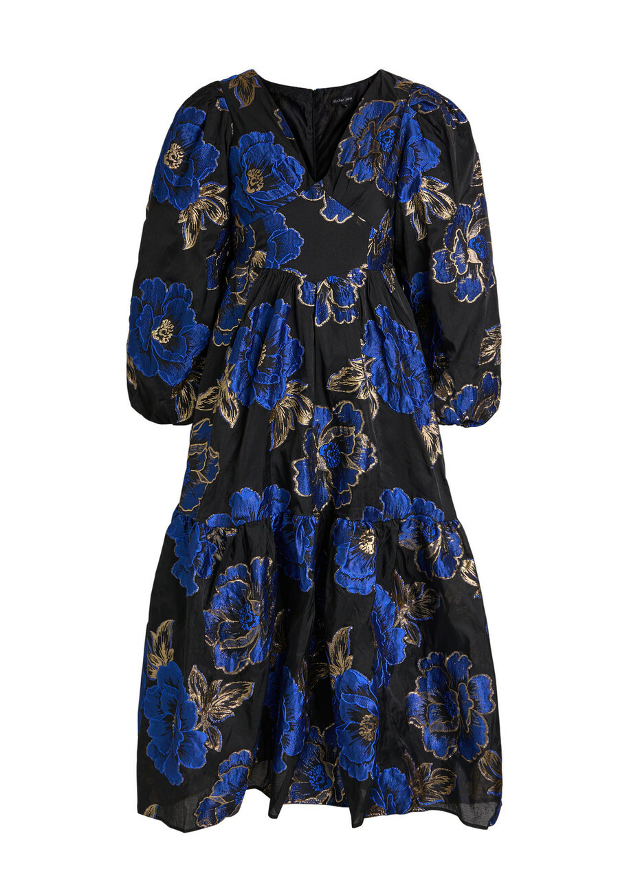 Sister Jane Blues Floral-jacquard Woven Midi Dress Blue