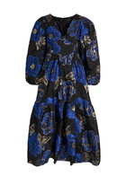 Sister Jane Blues Floral-jacquard Woven Midi Dress Blue