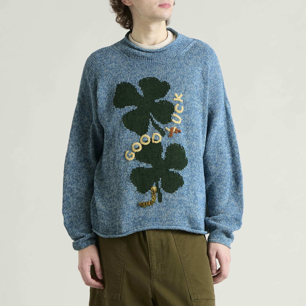 Story mfg. Men's Hand Knit Twinsun Roll Neck in Twisted Indigo Luck