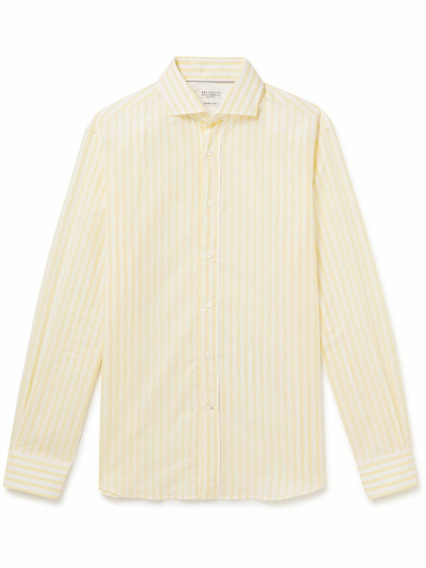 Photo: Brunello Cucinelli - Striped Cotton and Linen-Blend Shirt - Yellow