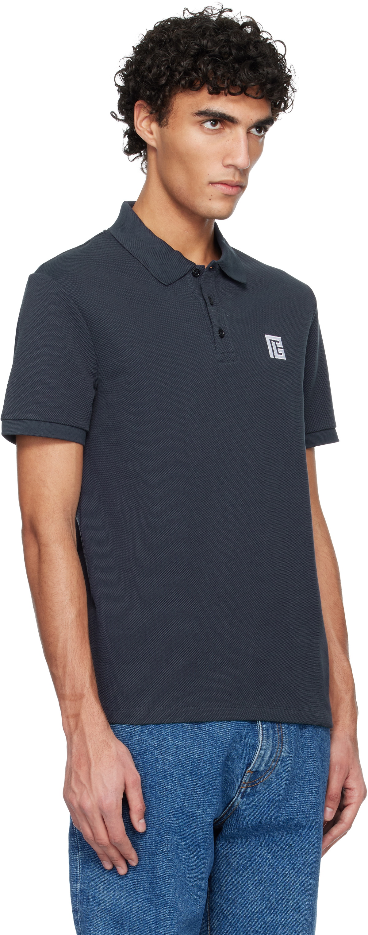 Balmain Navy Embroidered Cotton Polo