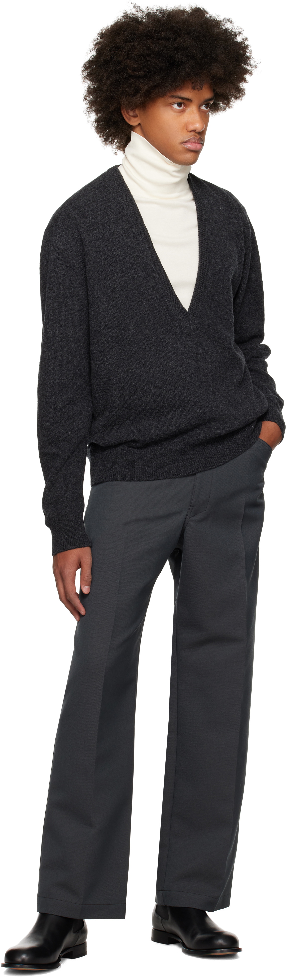 LEMAIRE Gray Deep V-Neck Sweater