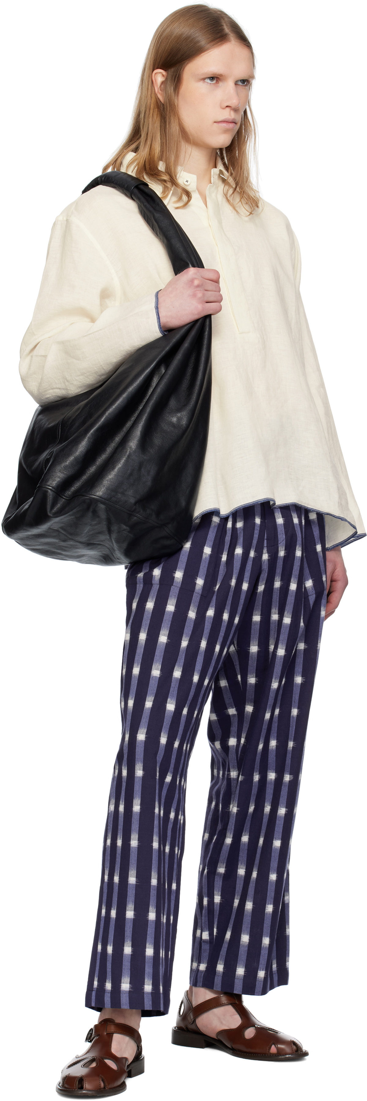 HARAGO Navy Ikat Wide Leg Pleated Trousers