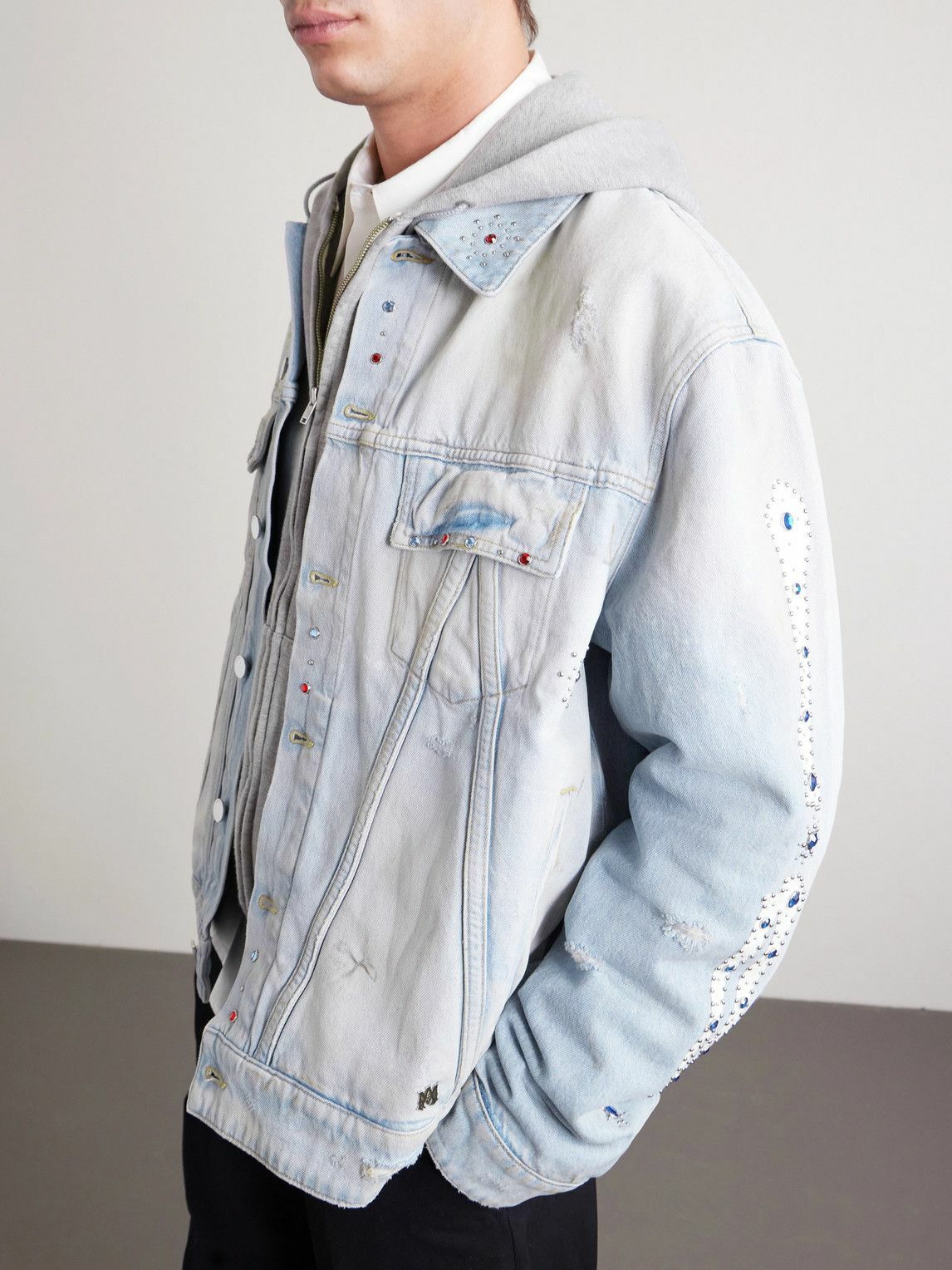 AMIRI - Embellished Distressed Denim Jacket - Blue