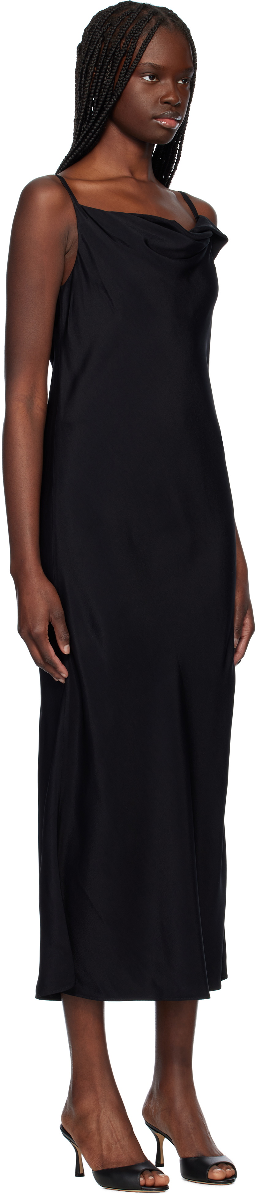 RECTO Black Drapery Neckline Slip Midi Dress