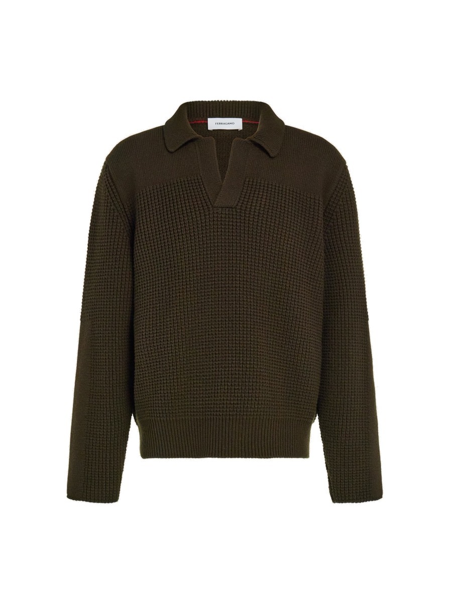 Salvatore ferragamo レースアップニット長袖　綿ニット　カーキ Ferragamo Dark Green Cashmere Sweater Salvatore Ferragamo