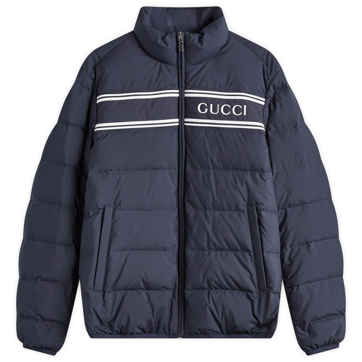 Photo: Gucci Men's Logo Lightweight Down Jacket in Navy