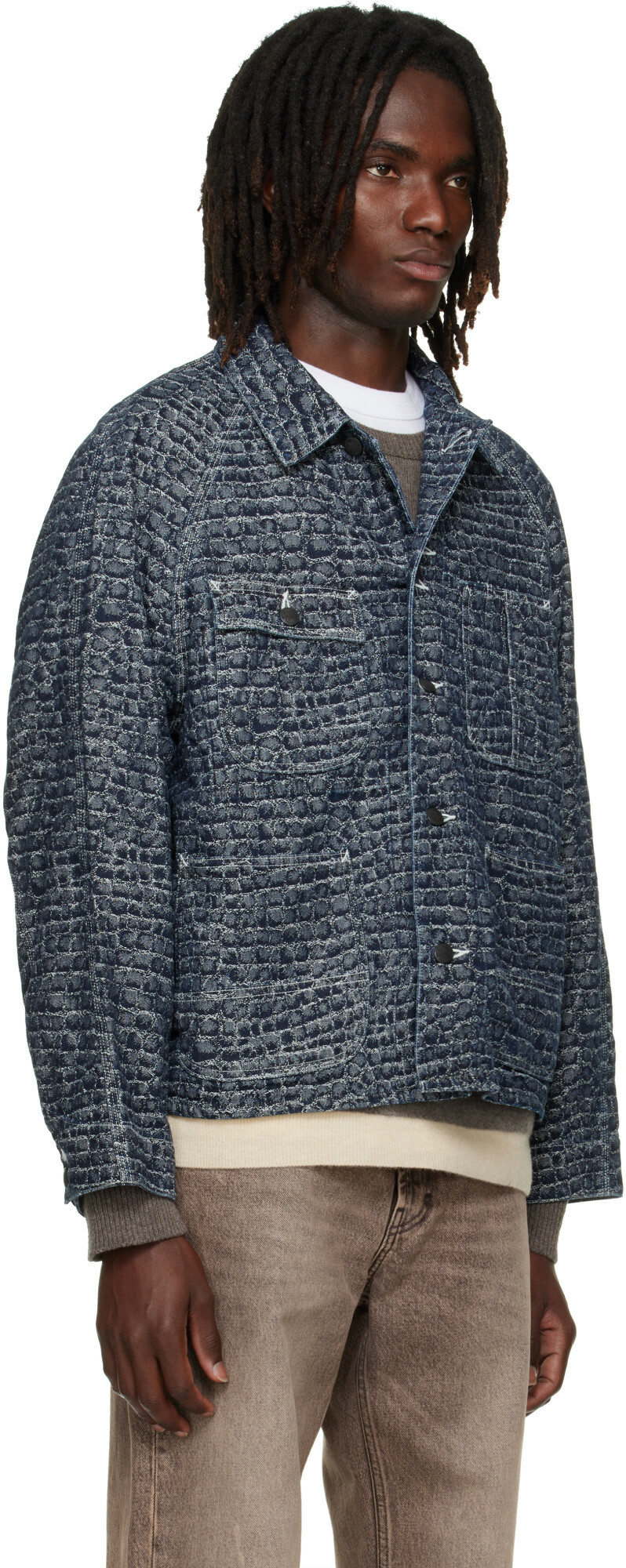 NEEDLES Navy Crocodile Jacquard Short Denim Jacket
