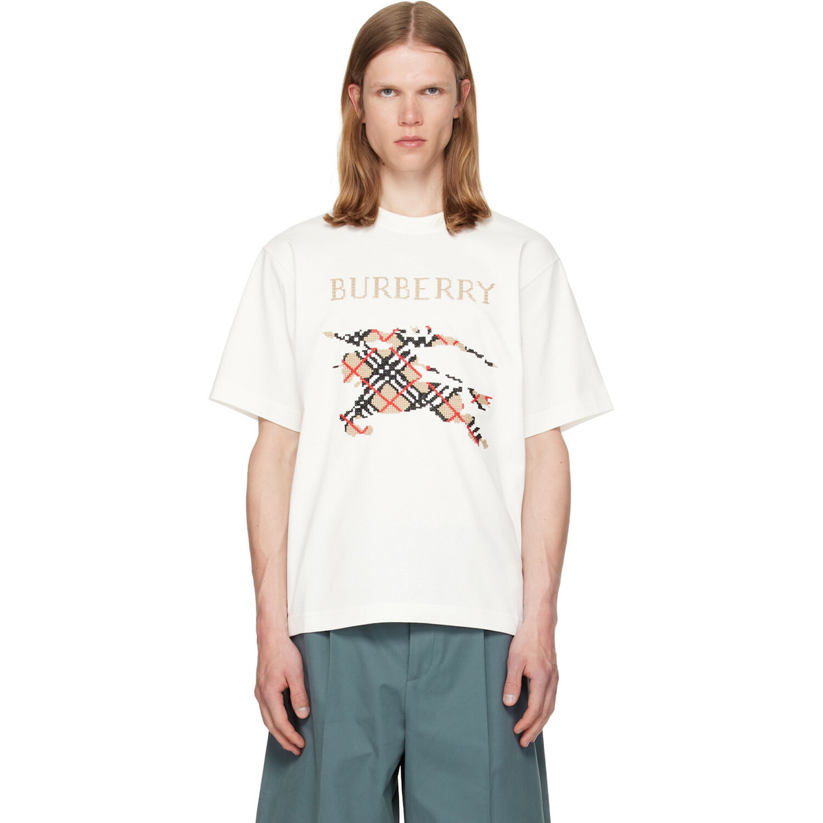 Burberry White Cross Stitch Knight Cotton T-shirt
