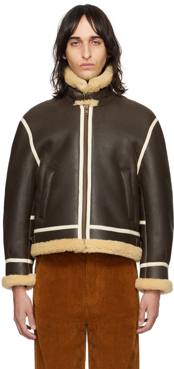 Bode Brown Aviator Leather Jacket Bode