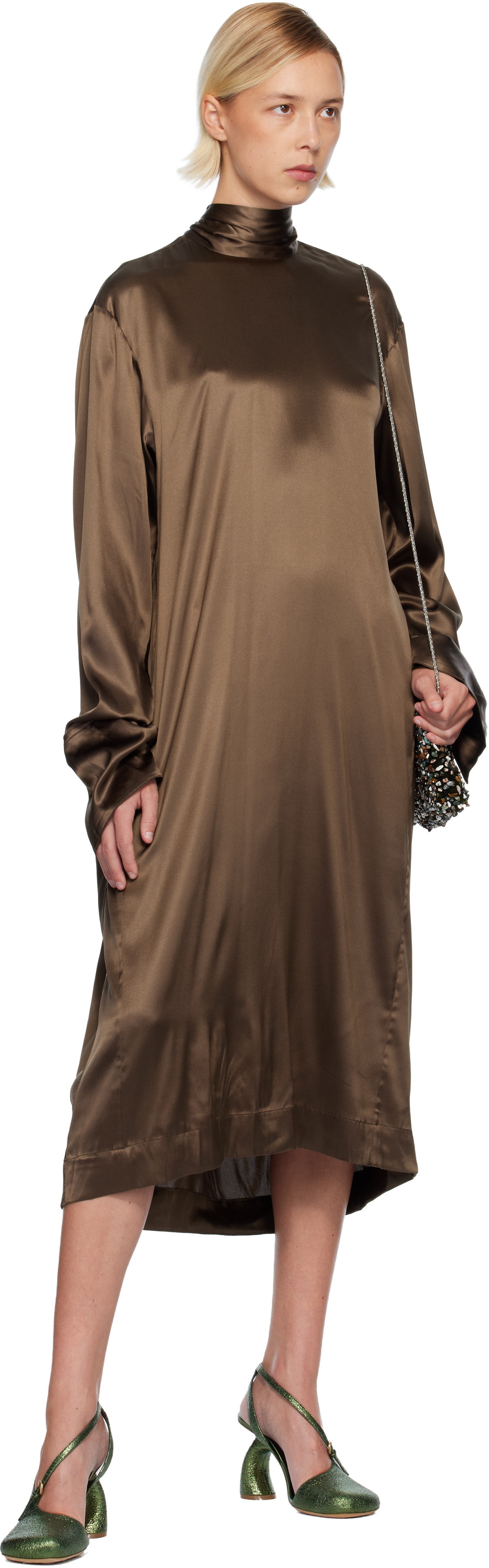 Dries Van Noten Brown Silk Midi Dress