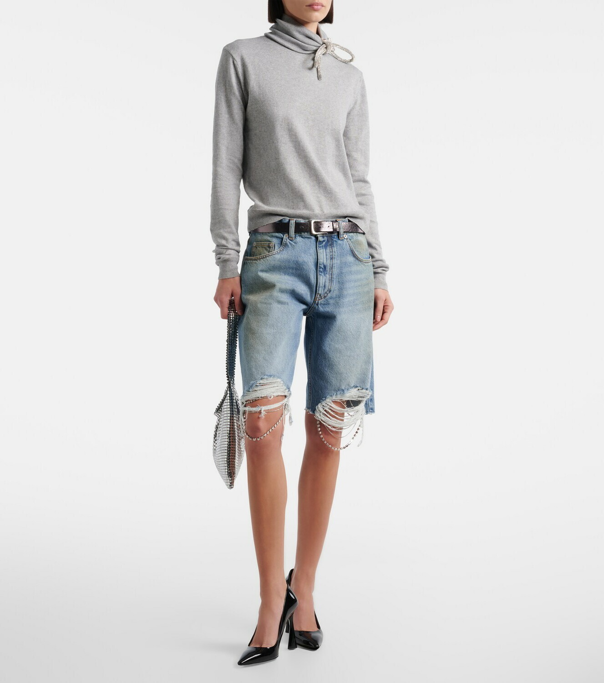 Area Distressed embellished denim shorts