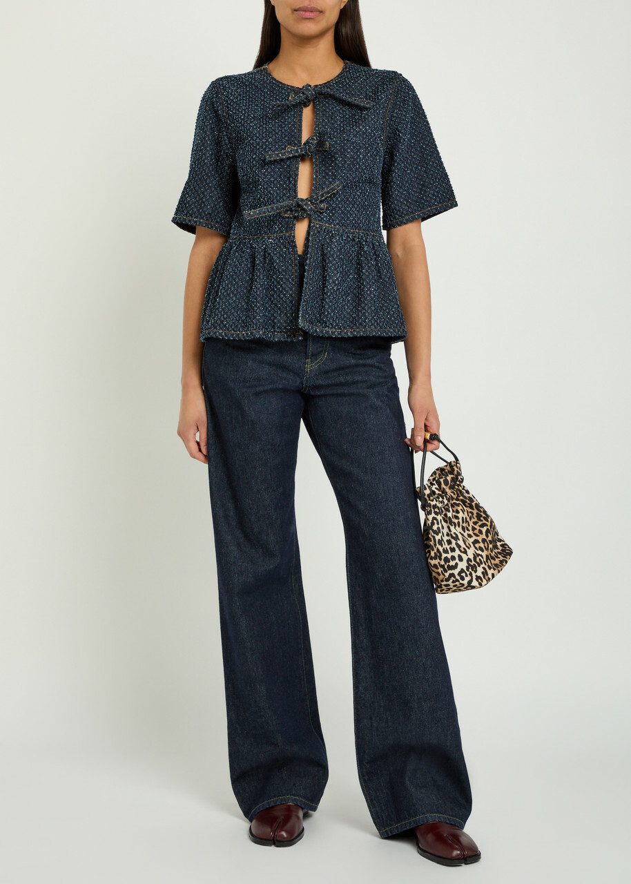 Ganni Tweed-effect Peplum Denim Blouse