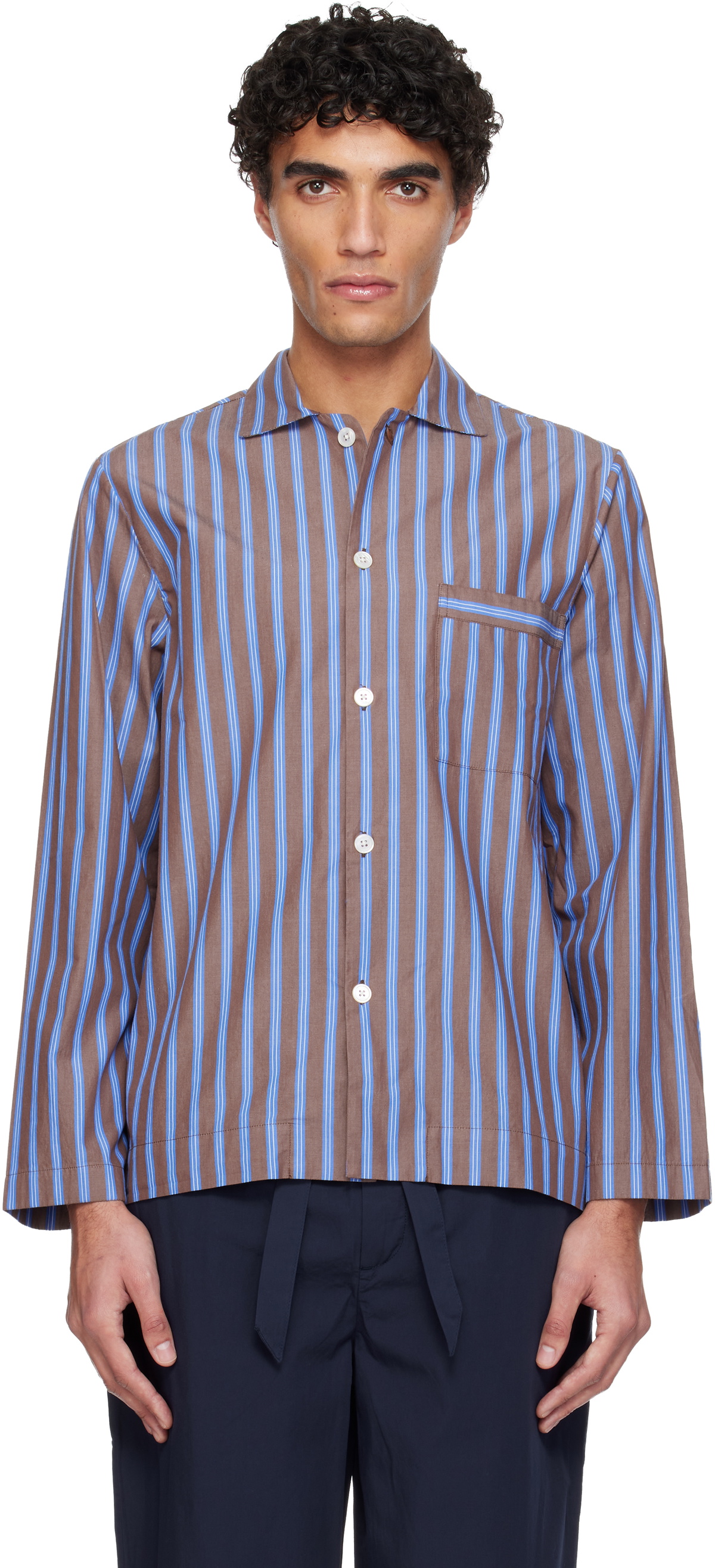 Tekla Brown & Blue Poplin Long-Sleeved Pyjama Shirt