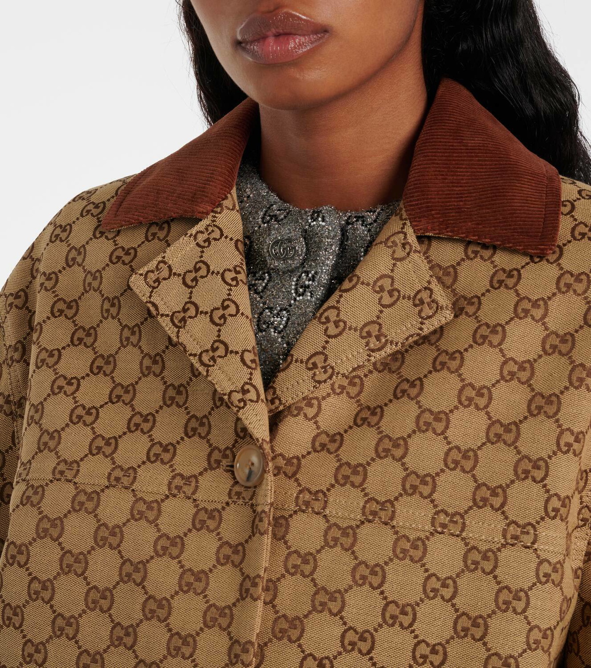 【送料&関税込】Gucci Wool-blend Brown Jacket Embossed GG canvas jacket with crystals in camel and dark
