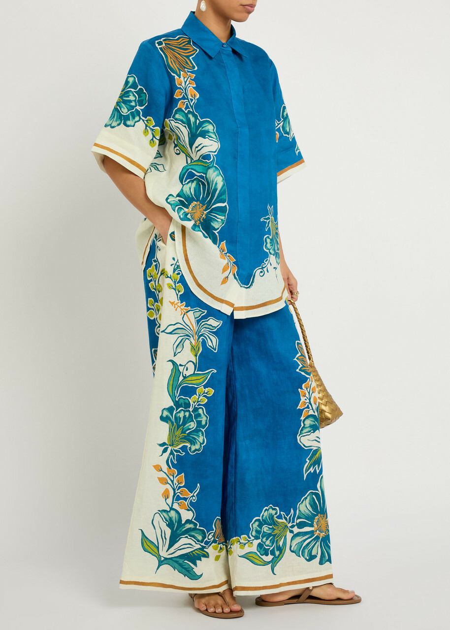 Alemais Luca Floral-print Wide-leg Linen Trousers Blue