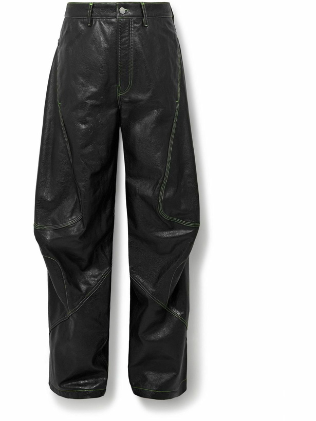 Photo: Acne Studios - Lorgata Wide-Leg Panelled Logo-Embroidered Leather Trousers - Black