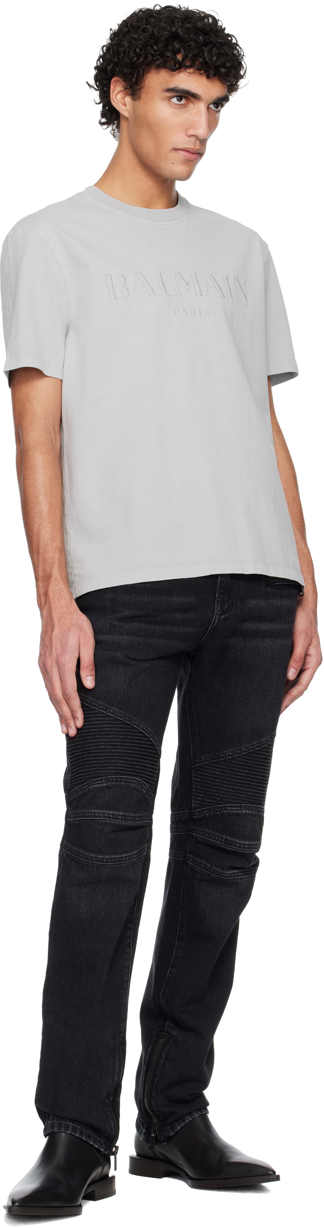Balmain Gray Vintage 'Balmain' Embroidered T-shirt