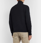 TOM FORD - Slim-Fit Leather-Trimmed Ribbed Merino Wool and Cashmere-Blend Half-Zip Sweater - Blue