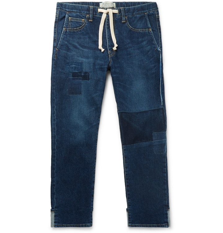 Photo: Remi Relief - Slim-Fit Tapered Patchwork Drawstring Denim Jeans - Blue
