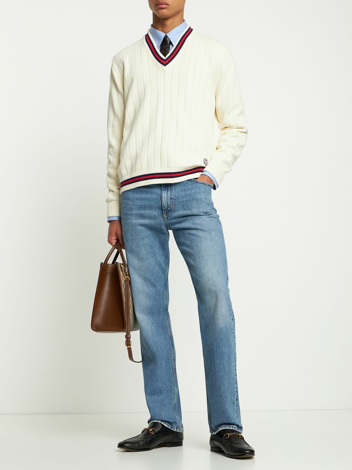 トップス Gucci 00s V Neck Cotton Knit GUCCI - Cotton Knit V Neck Sweater W/ Web Gucci