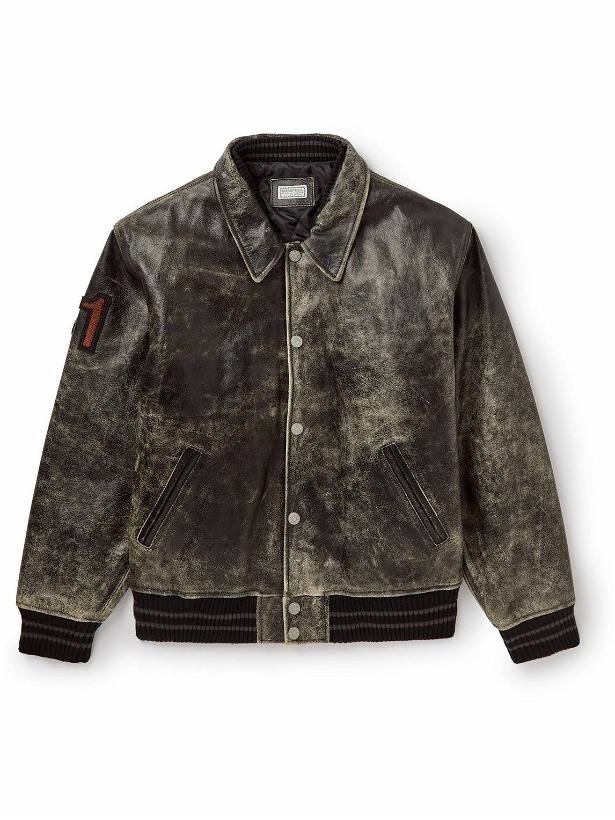 Photo: Guess USA - Appliquéd Distressed Leather Varsity Jacket - Black