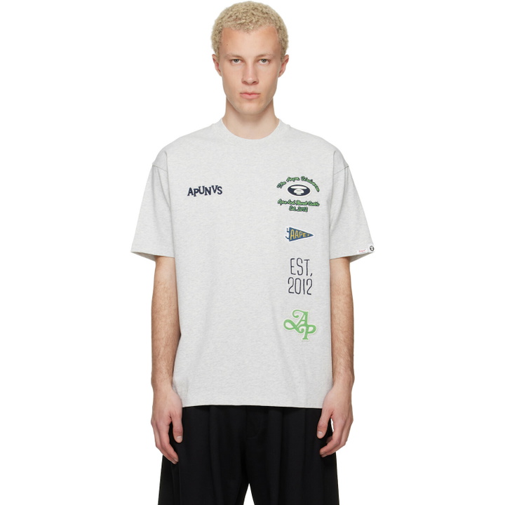 Photo: AAPE by A Bathing Ape Gray 'AAPEUNVS' Multi-Logo T-shirt