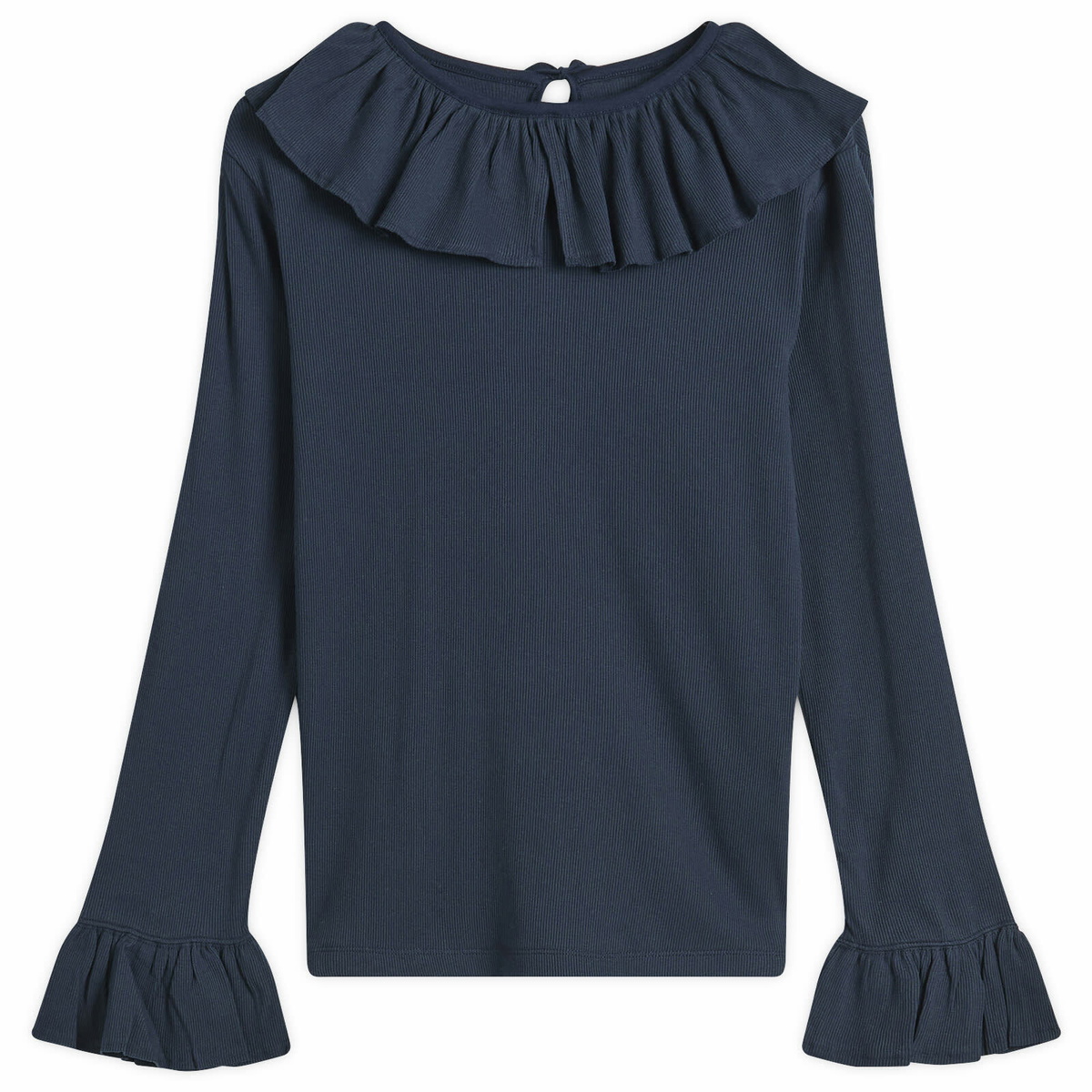 Beams Boy Women's Rib Knitted Ruffle Gathered Long Sleeve T-Shirt in Navy