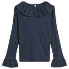 Beams Boy Women's Rib Knitted Ruffle Gathered Long Sleeve T-Shirt in Navy