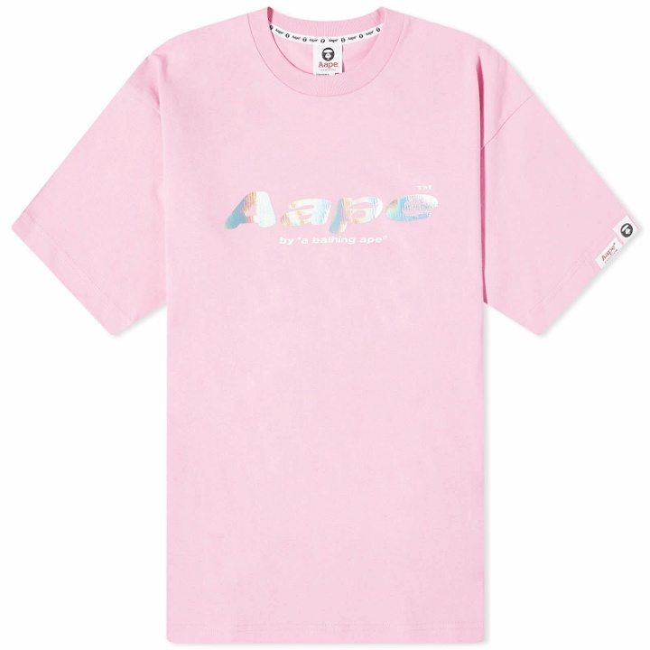 Photo: Men's AAPE Laser Foil Back Print Moon Face T-Shirt in Pink