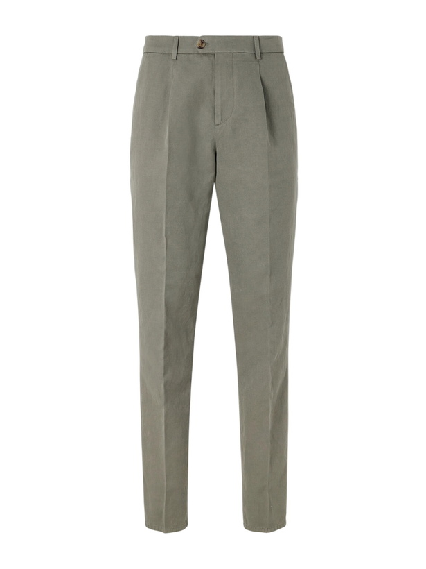 Photo: Brunello Cucinelli - Straight-Leg Pleated Cotton and Linen-Blend Trousers - Green