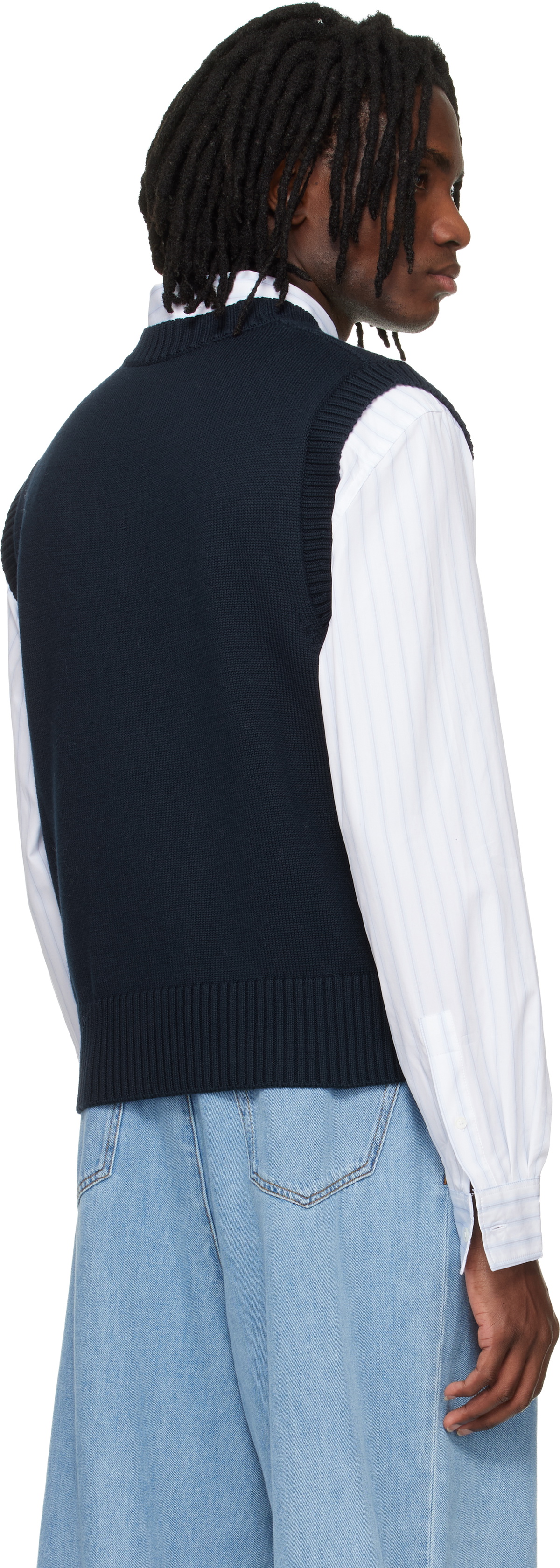 AMI Paris Navy Wool Cotton Sleeveless Ami de Coeur Sweater