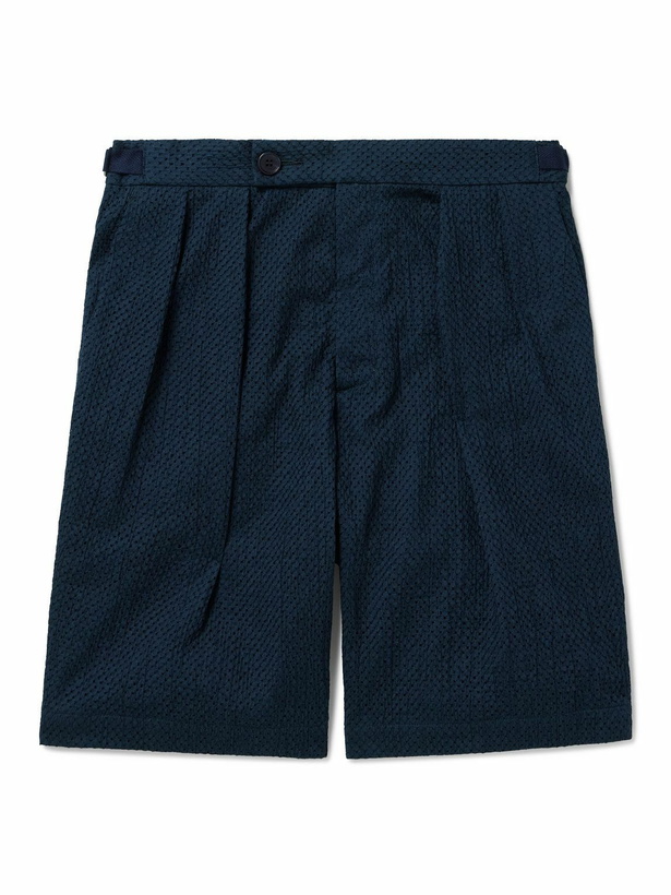 Photo: Blue Blue Japan - Gurkha Straight-Leg Belted Pleated Lace-Trimmed Cotton Shorts - Blue