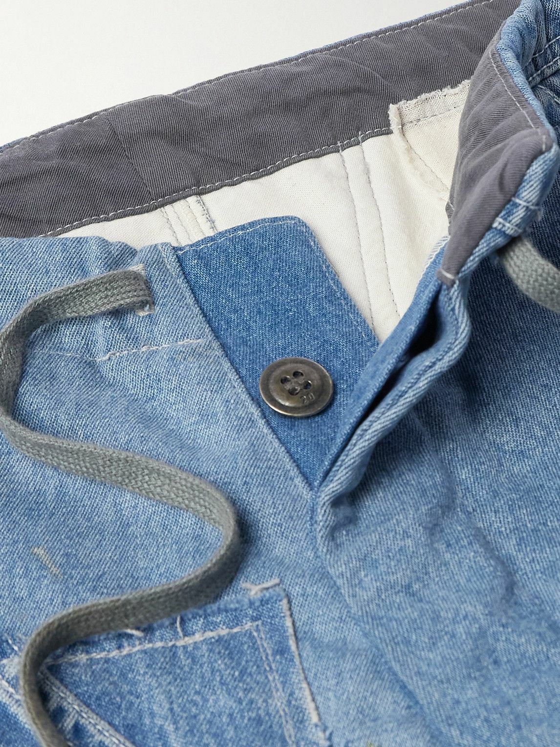 Greg Lauren - Tapered Cropped Frayed Patchwork Drawstring Jeans - Blue