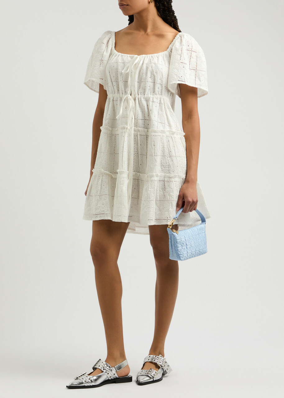 knee length dresses for ladies Ganni Illusion Blue Cotton Broderie Anglaise Puff Sleeve Mini Dress main image 1