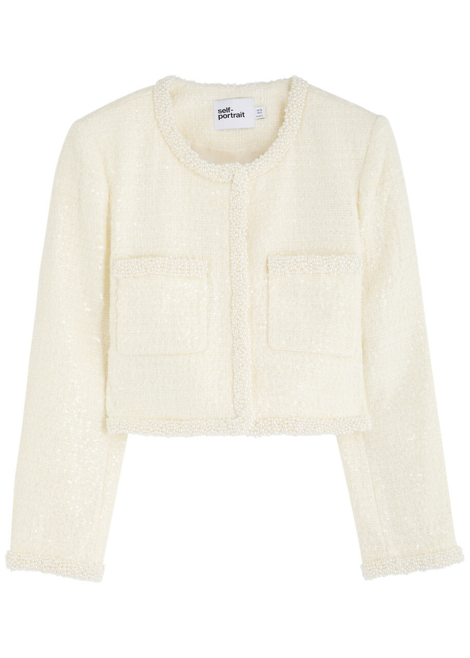Self-portrait Pearl and Sequin-embellished Tweed Jacket Cream