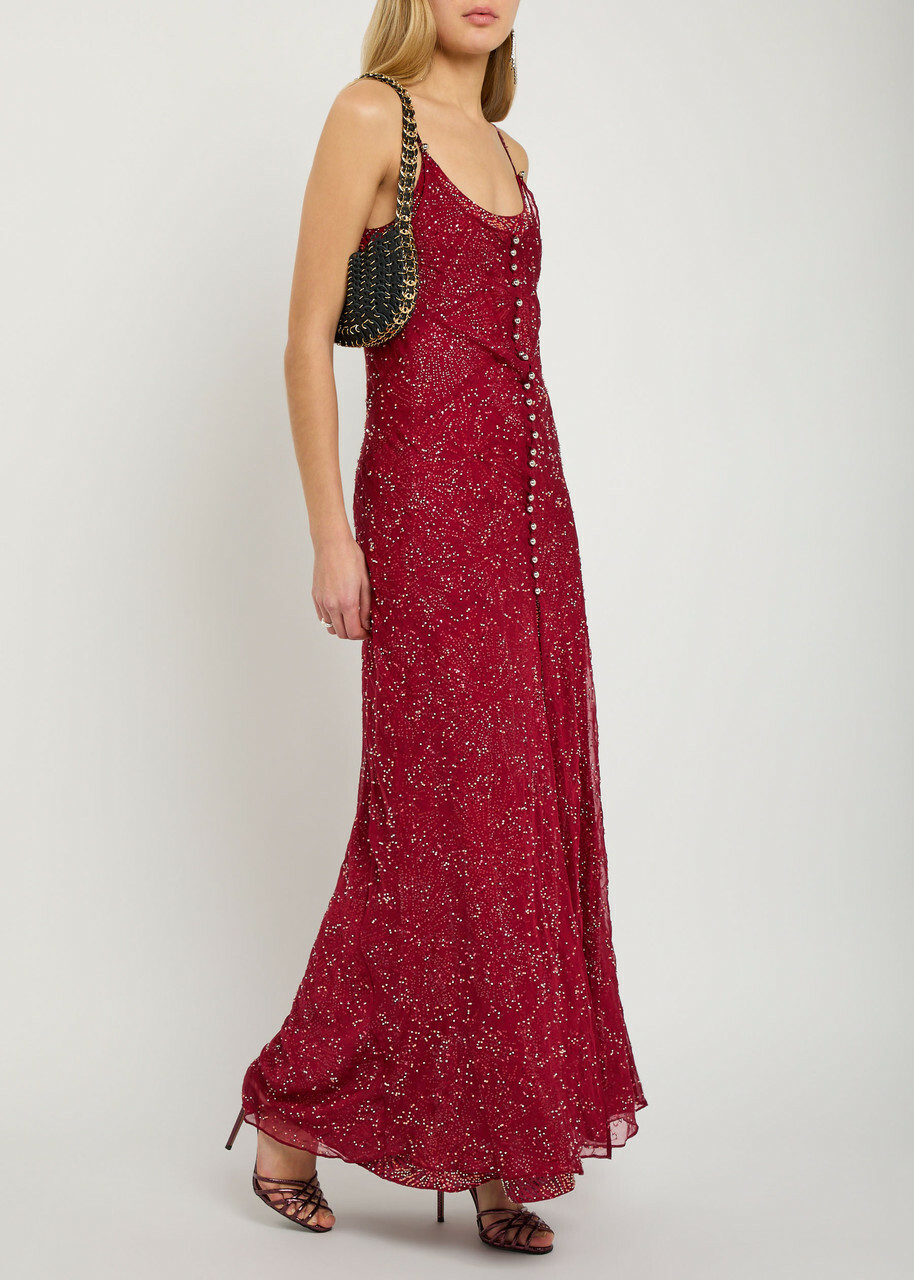 Rabanne Bead-embellished Chiffon Maxi Dress Red