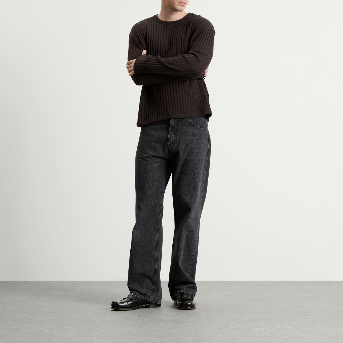 mfpen Men's Round Neck Sweater in Dark Brown Ajour Stripe