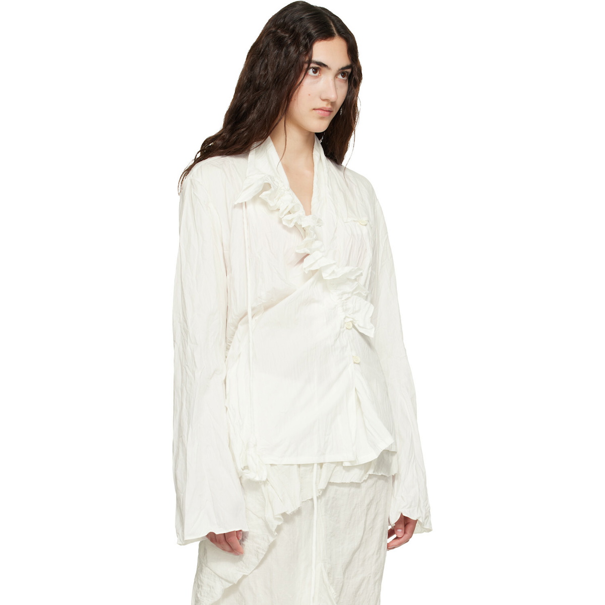 OPEN YY White Unbalanced Ruffle Blouse