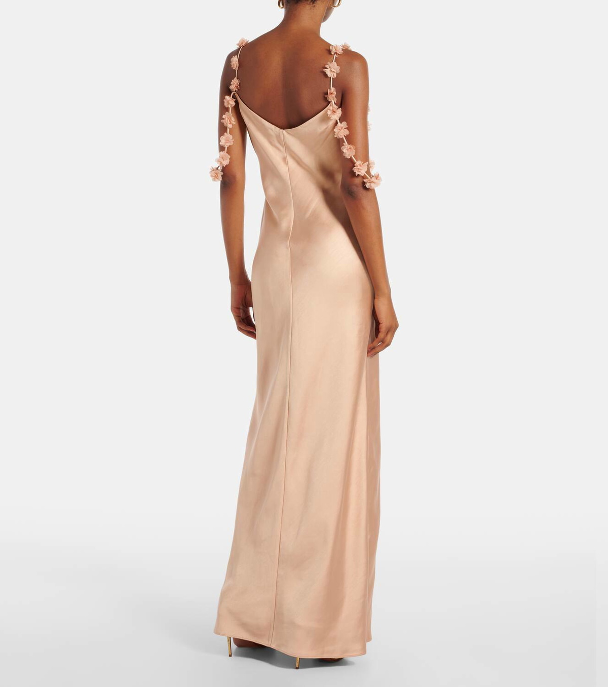 【関税&送料込】Self-Portrait Long Dress With Floral Appliqu Self-Portrait floral-appliqué Satin Maxi Dress | Neutrals