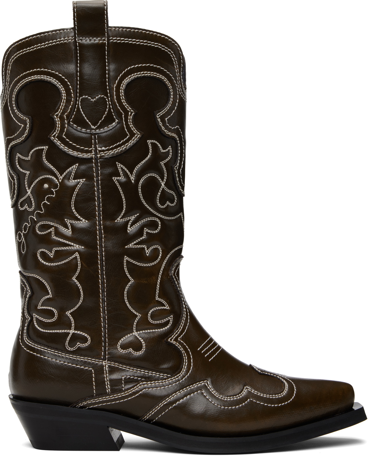 GANNI Brown Mid Shaft Embroidered Western Boots